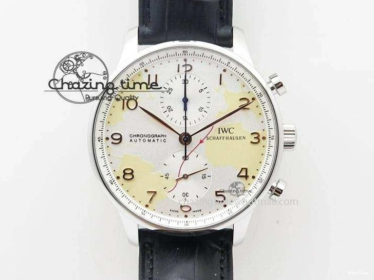 MIROTIME 0104 Unique Portuguese 40mm Chrono SS Map Dial on Black Leather Strap A 7393